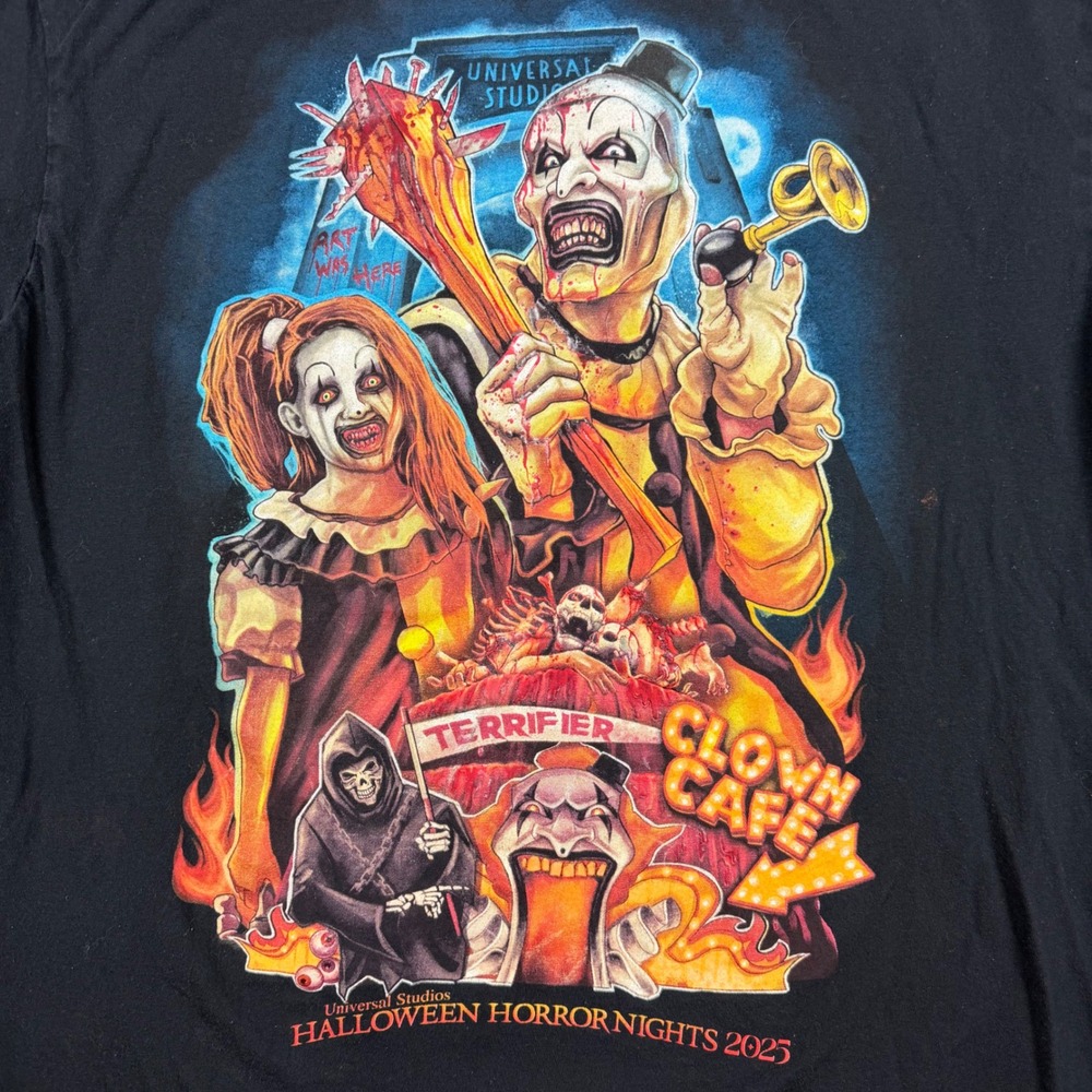 Universal Studios Men L Black Terrifier Art The Clown Horror Nights Graphic Tee - Picture 2 of 9